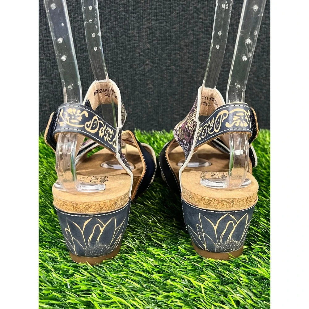 L'Artiste Spring Step Rolzah Floral Leather Wedge Sandals Navy Blue 38 US 7.5-8
